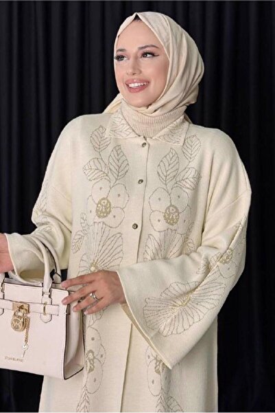 TRENDTESETTÜR Women's Beige (Stone) Flower Patterned Knitwear Cardigan t 01381