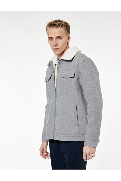 Koton Long Sleeve Pocketed Zippered Plush Lined Collar Faux Fur Cashmere Coat