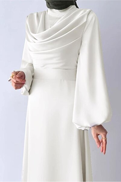 TRENDTESETTÜR Women's Ecru Degaje Collar Evening Dress t 9116