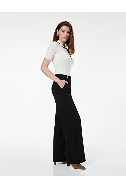 Koton Düğme Detaylı Cepli Düz Bol Paça Kumaş Pantolon