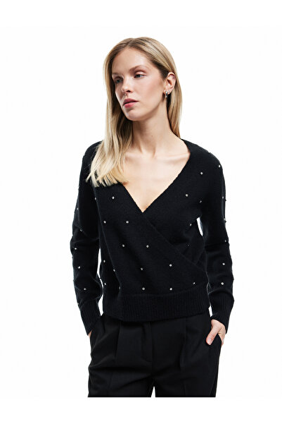 Koton Uzun Kollu Kruvaze V Yaka Taşlı Triko Kazak