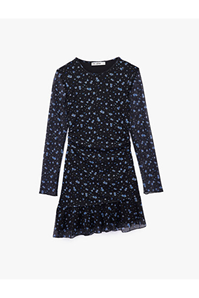 Koton Slim Fit Asimetrik Kesim Uzun Kollu Bisiklet Yaka Çiçekli Elbise