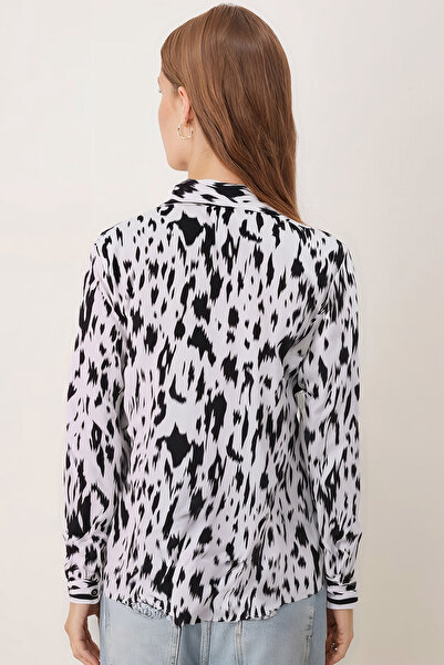 armonika Beige-Black Patterned Women's Shirt Long Sleeve - ARM-24K001017