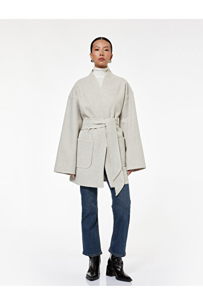 Koton Широкоръкавен кимоно палто с джобове, колан, шалов яка, вълна