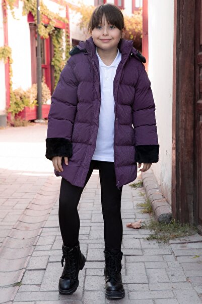 Cansın Mini Palton puf cu glugă pentru fetiță, cu mânecă mov, cu blană, lână în interior 21327