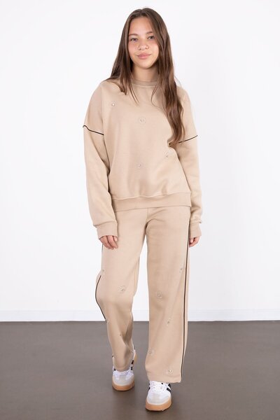 Cansın Mini Μπεζ παγιέτες κεντημένο σετ κοριτσίστικη φόρμα 2 τεμαχίων 21427