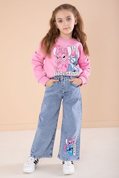 Cansın Mini Pembe Love Karakter Baskılı Şardonlu Badili Kız Çocuk Pantolonlu 2li Takım 22744