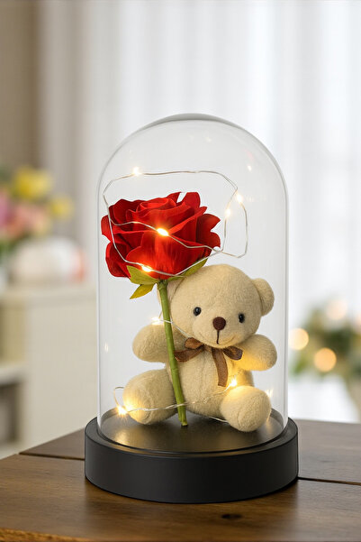 Zemtigo Fanus Içerisinde Peri Led Işıklı Solmayan Kırmızı Gül Tutan Peluş Ayı...