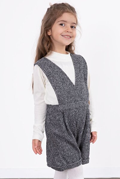 Cansın Mini Dark Gray Girl's Melange Cream Badili Salopet Suit 22695