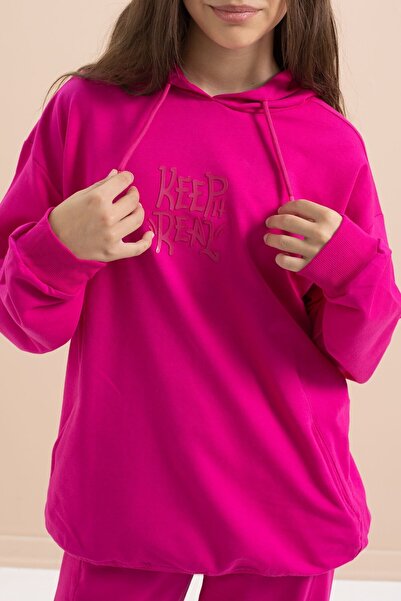 Cansın Mini Φούξια σετ αθλητικής φόρμας για κορίτσια με κουκούλα με φαρδιά πόδια 21432