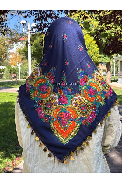 Sobe Hediyelik Mardin Yazması Lacivert Zeminde Çiçek Desenli Pullu Başörtüsü ...