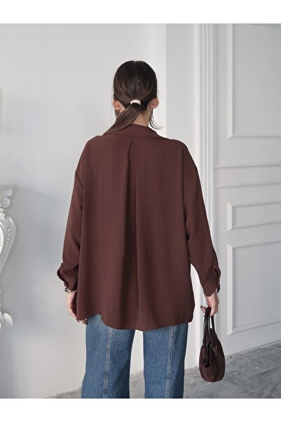 Paw Garage Γυναικείο πουκάμισο Perla Brown με μία τσέπη oversized , Καλοκαιρινό φαρδύ πουκάμισο, πουκάμισο Ayrobin