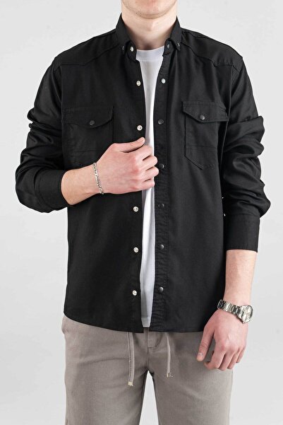 bombe Ανδρικό τζιν πουκάμισο Slim Fit Χωρίς Τσέπες Μαύρο