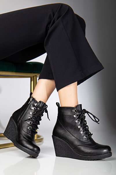 guijarro Lüks Kadın Siyah Deri Bağcıklı ve Fermuarlı Dolgu Topuk Bot & Bootie