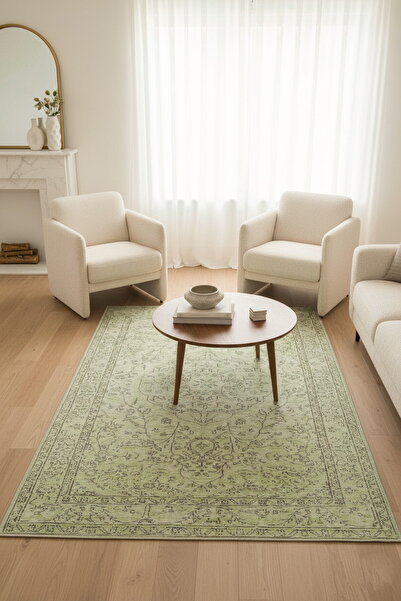 ARTLOOP Folk Eskitme Desenli Dokuma Taban Dekoratif Yeşil Halı BA 27