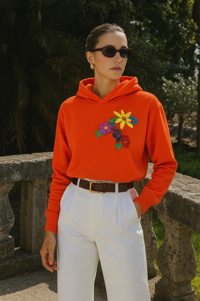 GZ Design Colorful Flower Embroidered Orange Color Oversize Hooded Sweatshirt