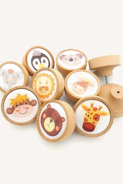 Kulpingo Mâner pentru cameră pentru copii din lemn mixt din seria Cute Animals - Set de 8