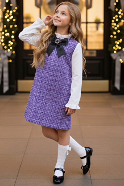 Parla Kids Kız Çocuk Lila Mor Vanessa Broş Detaylı Tüvit Uzun Kollu Yılbaşı Elbisesi