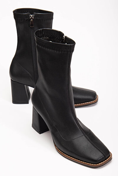 bakacstore Kadın Orta Boy Küt Burun Streç Kumaş Topuklu Ayakkabı Siyah