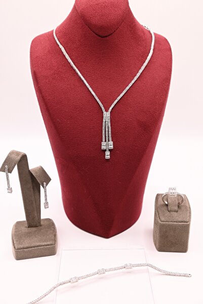 Luceven 925 Ayar Gümüş Su Yolu Baget Model İthal Zirkon Taşlı Kolye, Bileklik, Küpe, Yüzük Düğün Takı Seti