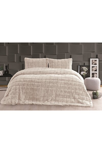 Merinos Luxe 3 Parça Çift Kişilik Yatak Örtüsü Seti Kutulu 230x250 Kareli Bej