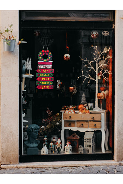 DURUSA Yeni Yıl , Mutlu Yıllar Dekoru , Ahşap MDF , Duvar & Vitrin Süsü , 45x20 cm , Yılbaşı Aksesuarı