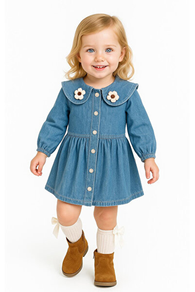 Overdo Kız Çocuk Yakası Çiçekli Uzun Kol Kot Elbise