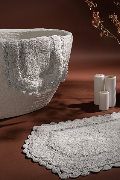 Chalevienne طقم سجادة حمام من قطعتين مصنوع من القطن بنسبة 100%، منسوج يدويًا، رمادي 40x60 + 60x90