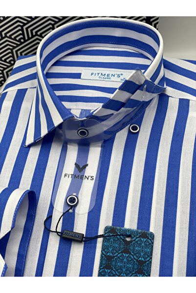 Fitmens Klasik Uzun Kol Çizgili Cepsiz Yaka Alttan Düğmeli Likralı Hediye Kutulu Erkek Gömlek FS-003175 - Sa
