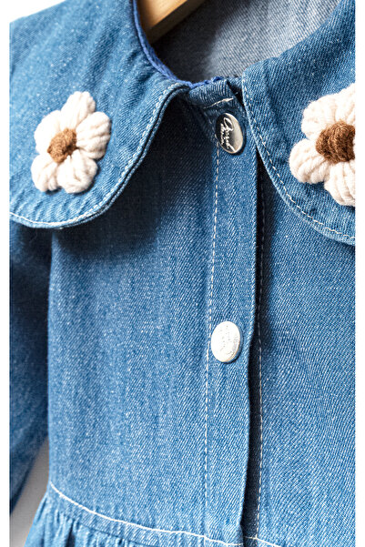 Overdo Kız Çocuk Yakası Çiçekli Uzun Kol Kot Elbise