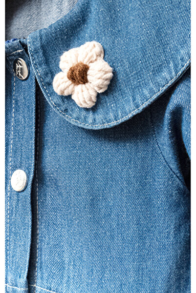 Overdo Kız Çocuk Yakası Çiçekli Uzun Kol Kot Elbise