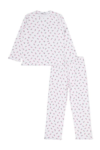 Civil Girls Floral Patterned Pajama Set for Ages 6-9 - Ecru 9-10 Years Old