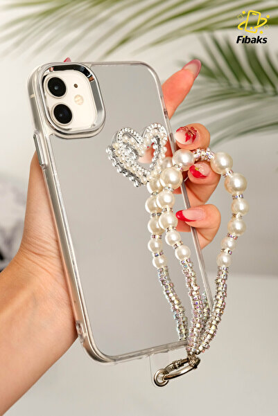 Fibaks Case for Apple iPhone 11 Case Mirrored Pearl Charm Strap Heart Design Patterned Silicone Cover
