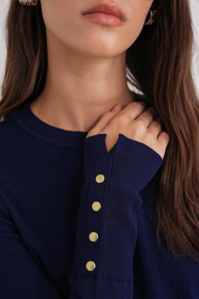 Mixray 6736 Γυναικείο πλεκτό πουλόβερ με λαιμόκοψη και μανίκια σε μπλε ναυτικό