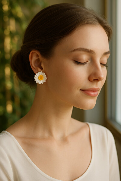 Atölye Myth Daisy El Yapımı Beyaz Minimal ve Işıltılı Papatya Küpe - Zarif ve...