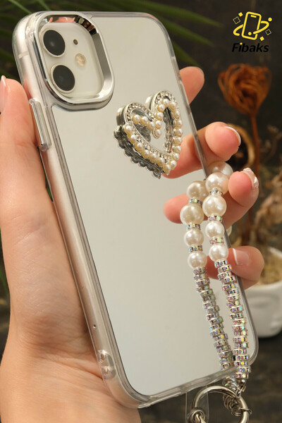 Fibaks Case for Apple iPhone 11 Case Mirrored Pearl Charm Strap Heart Design Patterned Silicone Cover