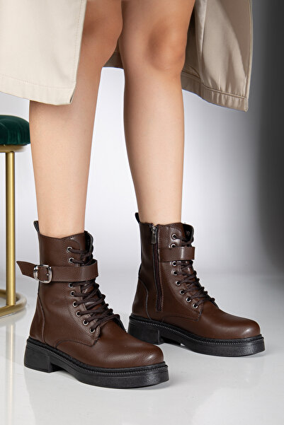 guijarro Bağcıklı Tokalı Bot Kadın | Günlük Kullanım | Kalın Taban Deri Görünümlü Combat Boot