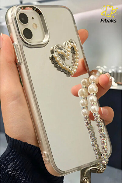 Fibaks Case for Apple iPhone 11 Case Mirrored Pearl Charm Strap Heart Design Patterned Silicone Cover