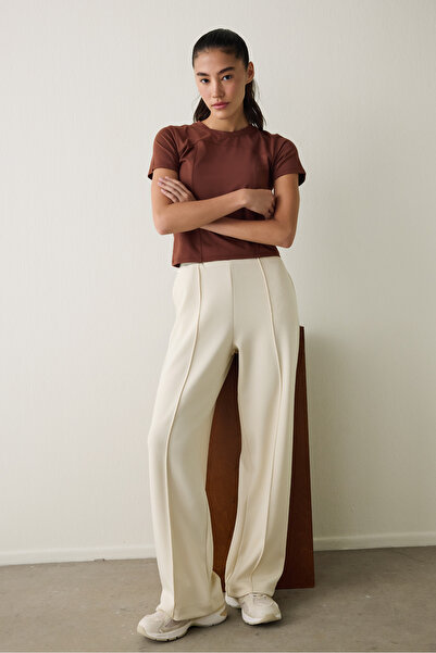 Penti Bej Nervürlü Yüksek Bel Geniş Paça Jogger Eşofman Altı