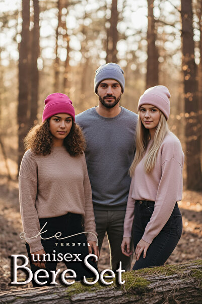 Eke Tekstil Unisex Katlamalı Fuşya,lila,pembe 3'lü Bere Seti