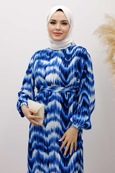 Tesettür Dünyası Φόρεμα βισκόζης με βολάν και σχέδιο ακουαρέλας TSD250234 Indigo