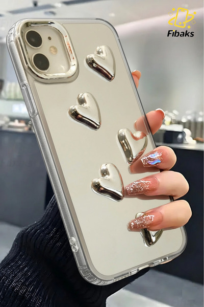 Fibaks İphone 13 - 14 Uyumlu Kılıf Aynalı Gümüş 3d Kalp Desenli Darbe Emici Silikon Kapak