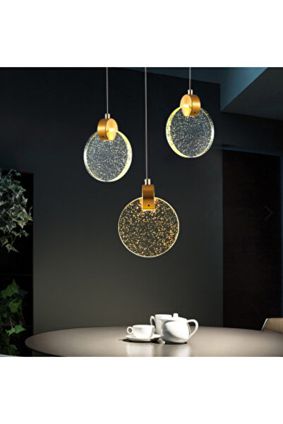 burenze Luxury Modern Üçlü Yuvarlak Sarkıt Kristal Camlı Led Avize Gold Sarı Ledli Avize