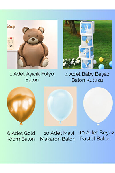 parti kral Baby Blue Ayıcık Balon Seti (Balon Bandı Hediyeli)