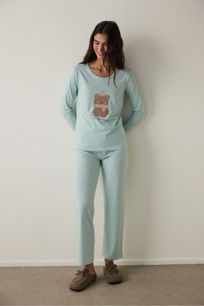 Penti Mint Ent Scarf Bisiklet Yaka Uzun Kollu Pamuklu Slogan Baskılı Pijama Takımı