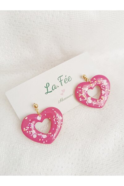 La fee aksesuar Pink Heart Glitter Detail Handmade Polymer Clay Earrings Ultr...
