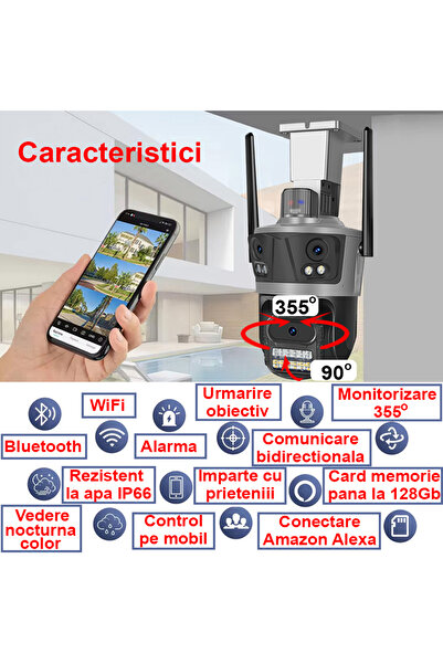OptimStar Cameră de supraveghere, IP WIFI, 8MP, 3 camere, card de 64GB, Ultra HD 4K, urmărire automată, exterior