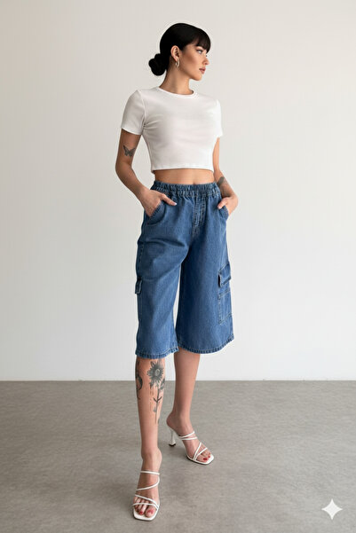 Lores Giyim Kadın Diz Altı Geniş Kesim Tek Cepli Denim Bermuda
