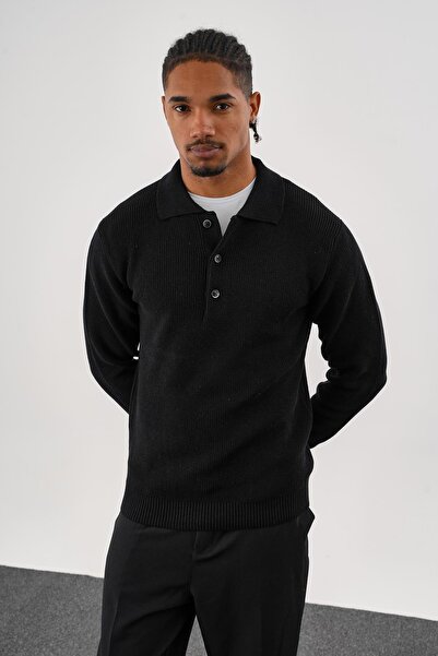 odelon Ανδρικό πουλόβερ με κουμπιά μαύρο πλεκτό βαμβακερό γιακά πόλο
