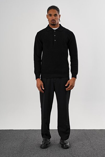 odelon Ανδρικό πουλόβερ με κουμπιά μαύρο πλεκτό βαμβακερό γιακά πόλο